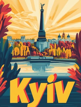 A stunning autumn day in Kyiv showcases a prominent monument surrounded by vibrant fall foliage and reflecting waters. The skyline features beautiful architecture against a colorful sunset.