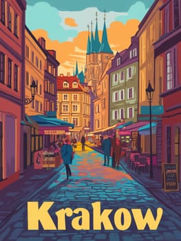 A lively street in Krakow features historic buildings bathed in warm light during sunset. People stroll past cafes and shops, creating a vibrant urban atmosphere filled with color.