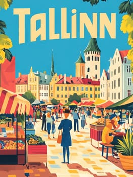 A lively marketplace in Tallinn features colorful stalls filled with fresh produce and handcrafted goods. People stroll and shop amid historic buildings and charming towers on a sunny day.