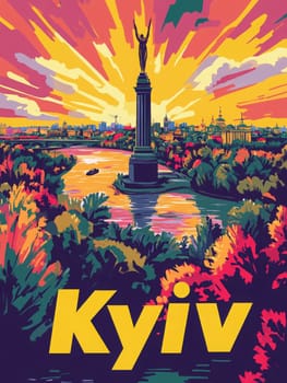A spectacular sunset illuminates the skyline of Kyiv, showcasing the iconic Motherland Monument. The vibrant colors reflect on the river, surrounded by lush greenery.