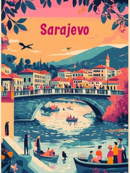 A vibrant illustration of Sarajevo showcases a busy bridge filled with people enjoying the view. Boats drift along the river beneath a stunning sunset, creating a lively atmosphere.