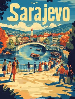 Visitors stroll along the riverside in Sarajevo, enjoying the picturesque landscape filled with lush greenery and charming buildings. The vibrant atmosphere captures the essence of this historic city.