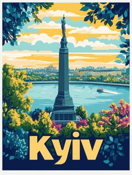 A stunning view of Kyiv showcasing a tall monument against a backdrop of colorful trees and a tranquil river. The warm hues of sunset enhance the beauty of the city landscape.