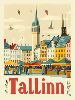 Colorful market stalls fill the foreground while charming buildings and a tall spire create a picturesque backdrop in Tallinn. People enjoy the lively atmosphere in this beautiful setting.