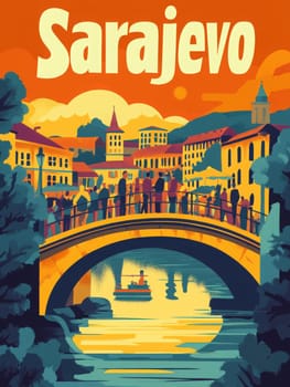 People gather on a bridge to admire the picturesque sunset over the river in Sarajevo. The colorful buildings and serene landscape create a lively atmosphere at dusk.