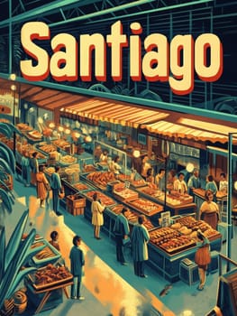 A vibrant market in Santiago features various stalls lined with fresh produce and seafood. Shoppers and vendors engage in lively exchanges under warm lights, creating an inviting atmosphere.