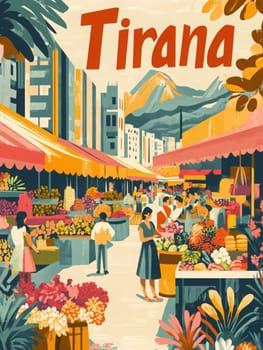 In a bustling marketplace in Tirana, people browse colorful stalls filled with flowers and fresh produce. The backdrop features mountains and bright banners, creating a lively atmosphere.