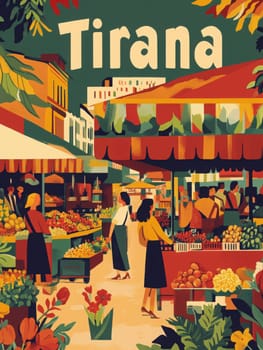 In Tirana, locals engage in lively exchanges at a bustling market filled with colorful stalls brimming with fresh produce, flowers, and community spirit under a sunny sky.