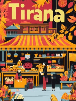 Colorful market in Tirana filled with fresh produce and autumn foliage. People engage with vendors, creating a lively atmosphere. Bright colors enhance the bustling environment of the market.
