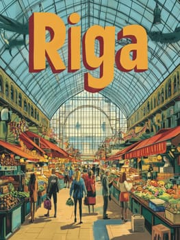 A lively market in Riga filled with colorful stalls displaying fresh fruits and vegetables. Shoppers stroll through the aisles, engaging with vendors and admiring the abundance of goods.