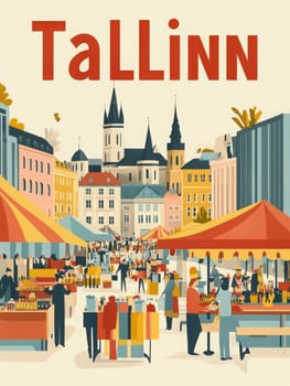 The lively marketplace in Tallinn features numerous stalls, shoppers, and vendors amidst charming historic architecture. Bright colors and festive energy create an inviting atmosphere for all.