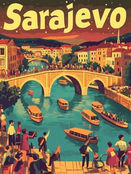 Visitors enjoy the lively atmosphere along the river in Sarajevo, where colorful boats drift past historic buildings under a twilight sky. People gather on the bridge, soaking in the ambiance.