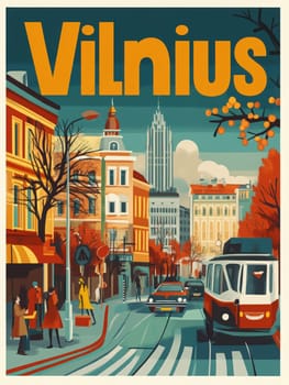 People stroll along tree-lined streets in Vilnius during autumn. A vintage tram moves down the road, surrounded by colorful buildings and bright fall foliage.