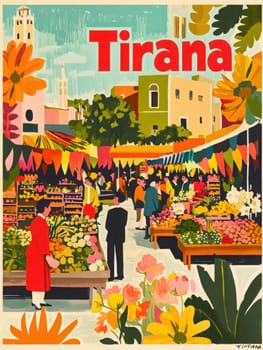 A lively market in Tirana features colorful flower stalls filled with blooming plants. Vendors and visitors interact amidst a backdrop of vibrant decorations and buildings under a bright sky.