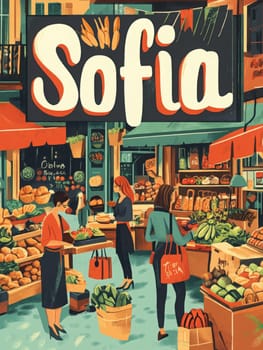 The market in Sofia features bright stalls filled with fresh produce. Shoppers enthusiastically choose fruits and vegetables while enjoying the lively atmosphere and colors.