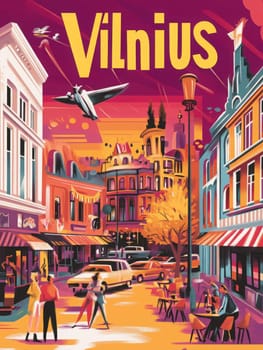 Colorful buildings and bustling street life create a lively atmosphere in Vilnius. People gather at outdoor cafes, while a plane flies overhead against a stunning sunset backdrop.