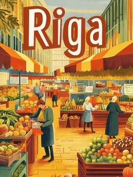 A bustling market in Riga features colorful stalls filled with fresh fruits and vegetables. Vendors engage with customers in a lively atmosphere, highlighting local produce on a bright, sunny day.