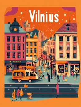 Charming streets of Vilnius come alive with pedestrians, vintage trams, and colorful architecture under an orange sky, showcasing the citys vibrant atmosphere and culture.