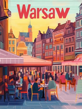 In warm sunlight, people gather at outdoor cafes in vibrant Warsaw. Colorful buildings line the street, highlighting the citys historical charm and lively atmosphere.