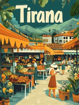 Colorful stalls filled with fresh fruits and flowers create a lively marketplace in Tirana. Shoppers browse while enjoying the scenic backdrop of mountains.