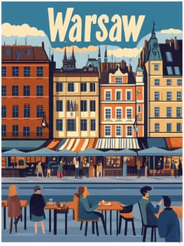 Lively outdoor cafes in Warsaw, showcasing colorful buildings and patrons enjoying their time. The bustling atmosphere reflects the charm of the city on a sunny day.