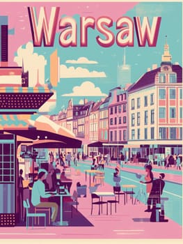 This lively scene captures people enjoying outdoor cafes and shopping along a bustling street in Warsaw. The bright colors and dynamic atmosphere reflect the citys charm during a sunny day.