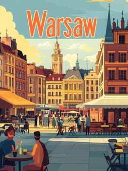 Tables are set up for outdoor dining in a lively square in Warsaw, featuring colorful buildings and historic landmarks. People enjoy drinks while soaking up the atmosphere in the heart of the city.