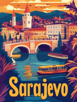 A colorful portrayal of Sarajevo features its iconic bridge and buildings, reflecting the lively atmosphere. Boats glide along the river as people enjoy the beautiful sunset view.