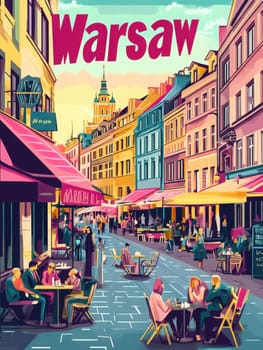Visitors enjoy relaxed moments at outdoor cafes in Warsaws charming streets, surrounded by colorful buildings and historical landmarks during a sunny day, creating a vibrant atmosphere.