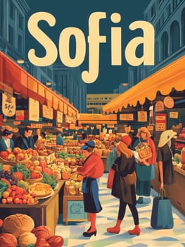 Shoppers browse colorful stalls filled with fresh fruits, vegetables, and local products in the bustling Sofia market. The lively atmosphere captures the essence of community and daily life.