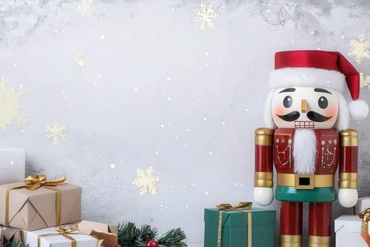A colorful nutcracker dressed as Santa stands beside beautifully wrapped gift boxes and festive decor. Snowflakes float against a soft background, creating a joyful holiday atmosphere.