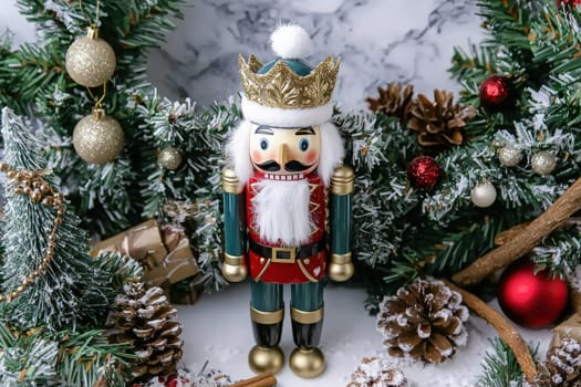 A colorful nutcracker stands proudly amidst festive greenery, glittering ornaments, and pinecones. The vibrant details and seasonal decor create a delightful holiday atmosphere.