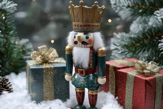 A colorful nutcracker stands proudly among beautifully wrapped gifts. The scene is adorned with pine branches and winter decorations, creating a warm holiday atmosphere.