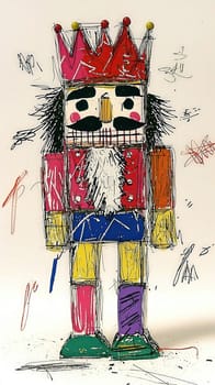 A nutcracker figure is illustrated in bright colors, featuring exaggerated facial features and a playful crown.