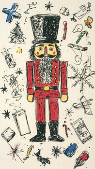 A vibrant drawing features a classic nutcracker figure dressed in red and black attire, surrounded by various holiday symbols including trees, gifts, and snowflakes.