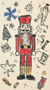 A colorful nutcracker stands prominently in the center, with festive elements like a Christmas tree, snowflakes, and gifts scattered around, creating a whimsical holiday atmosphere.