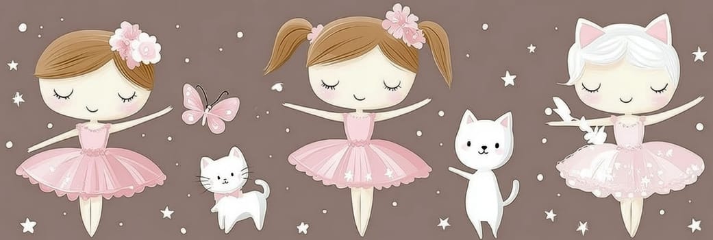 Cute girl in a pink dress, a ballerina dancing with a white cat and a butterfly, in a hand-drawn cartoon style for children's room decoration. AI generative.