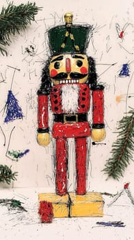 A vibrant nutcracker figure stands proudly, adorned in traditional colors. Surrounding it are playful decorations like pine branches and colorful trees, evoking a joyful holiday spirit.