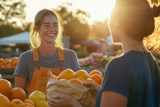 A joyful young woman in overalls chats with a customer while selling fresh oranges at a bustling farmers market. The warm sunlight creates a cozy, inviting atmosphere around them.