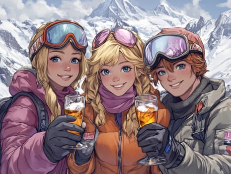 High-quality cartoon depicting a young blonde girl and two friends enjoying skiing.AI generative.