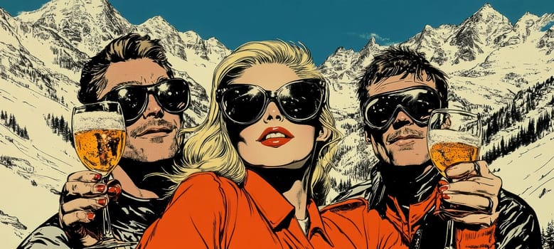 High-quality cartoon depicting a young blonde girl and two friends enjoying skiing.AI generative.