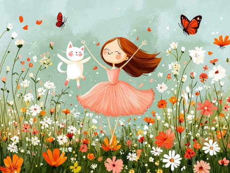 Cute girl in a pink dress, a ballerina dancing with a white cat and a butterfly, in a hand-drawn cartoon style for children's room decoration. AI generative.