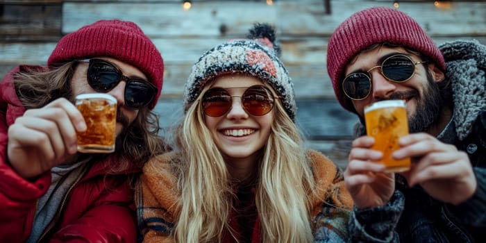 High-quality cartoon depicting a young blonde girl and two friends enjoying skiing.AI generative.