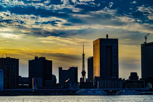 Town view and evening view of Tokyo seen from Tokyo Bay. Shooting Location: Minato-ku, Tokyo