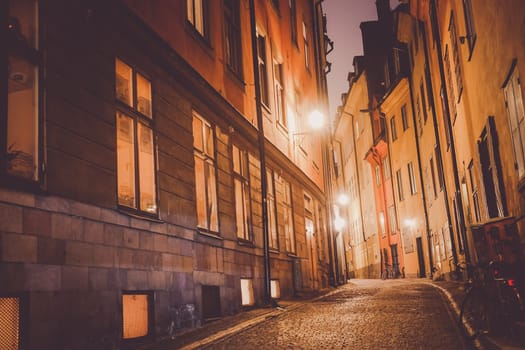 Night view of Gumla Tan Old Town. Shooting Location: Sweden, Stockholm