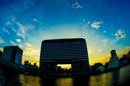 Sunset view of cityscape in Chuo-ku, Tokyo. Shooting Location: Chuo-ku, Tokyo