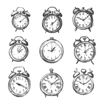 A Collection of Hand-Drawn Sketchy Alarm Clocks