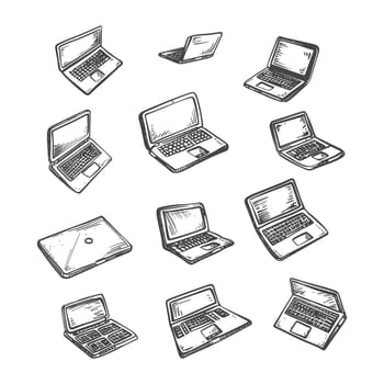 A Collection of Hand-Drawn Sketch Illustrations of Laptops in Various Positions