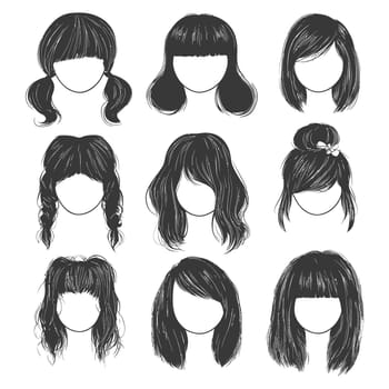A Collection of Nine Hand-Drawn Female Hairstyles