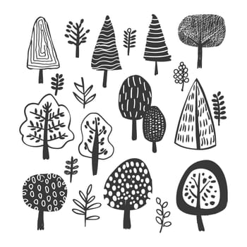 A Collection of Stylized Black and White Trees and Branches